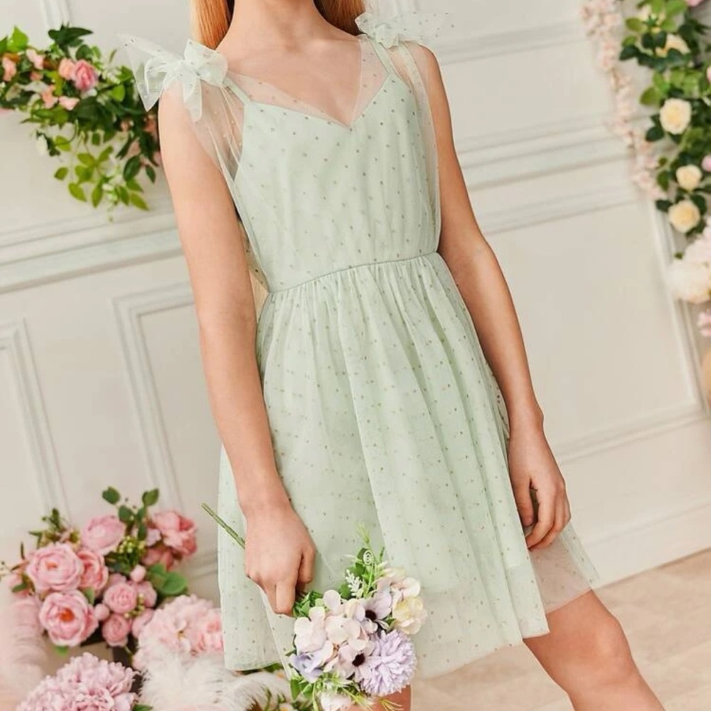 SHEIN Girls Polka Dot Tie Shoulder Mesh Dress Size 8